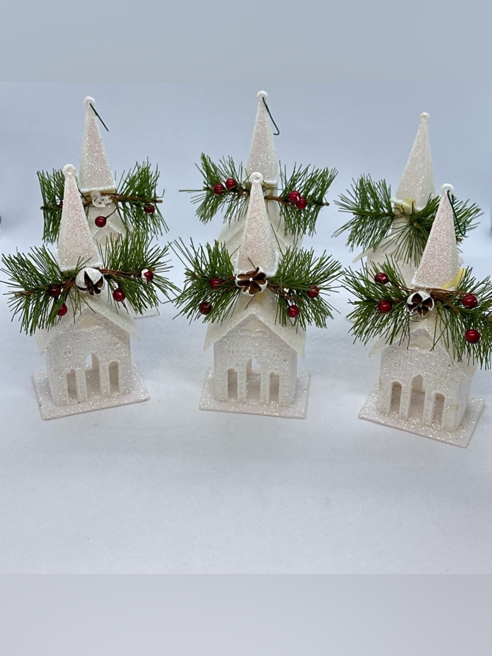 Lot/6 White Hard Plastic Glitter Church Christmas Ornaments Pine Berries *READ*